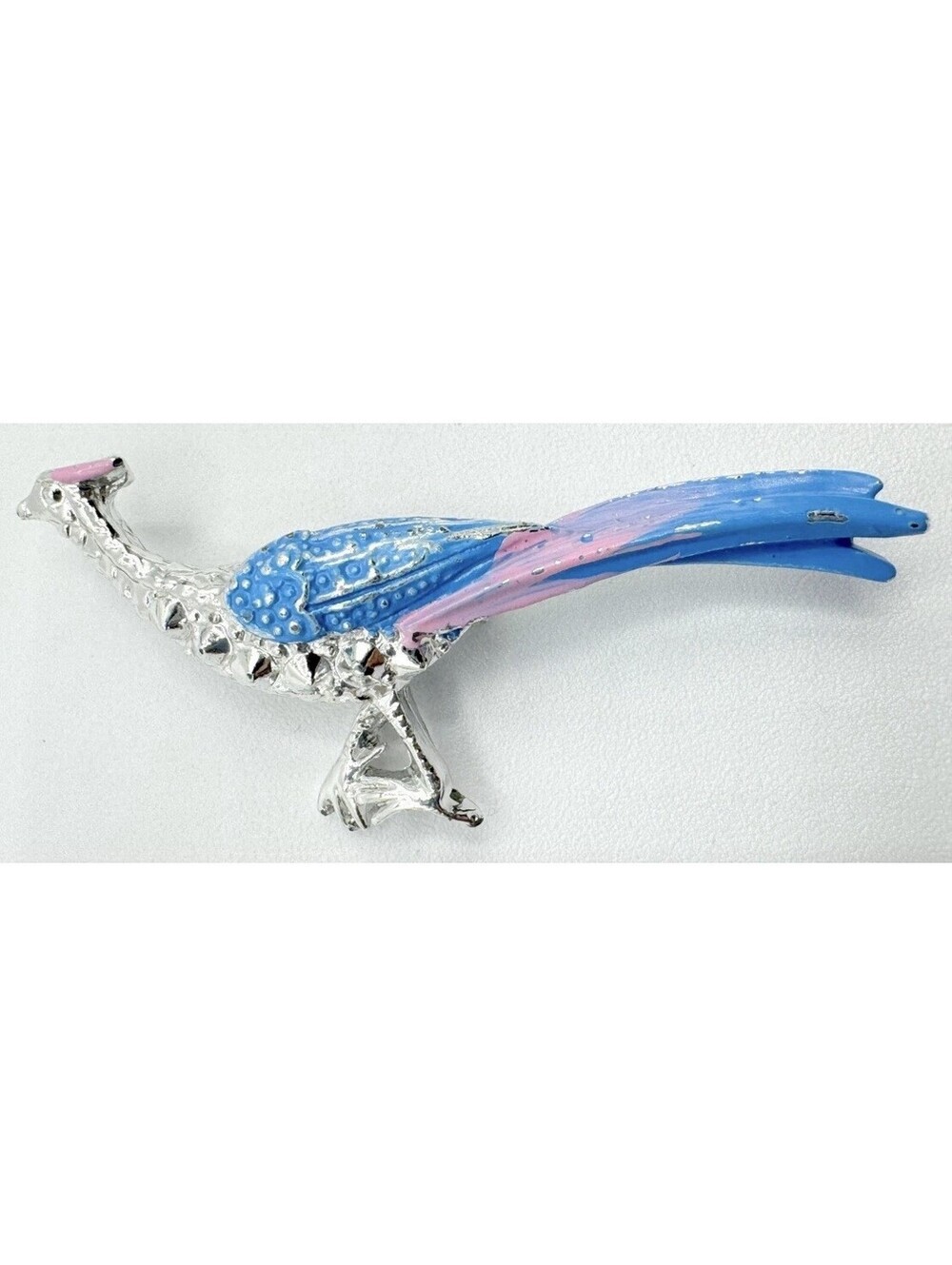 Vtg Signed Gerry Pheasant Roadrunner Bird Silver Tone Brooch Pink Blue Pastel